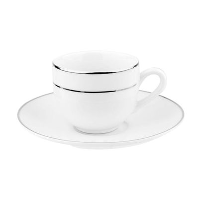 Conjunto 6 Xícaras e Pires 90ml Café Porcelana Majesty Silver Branco Prateado Mesa Posta Servir
