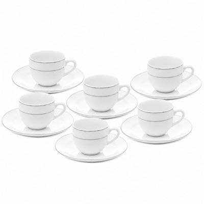 Conjunto 6 Xícaras e Pires 90ml Café Porcelana Majesty Silver Branco Prateado Mesa Posta Servir