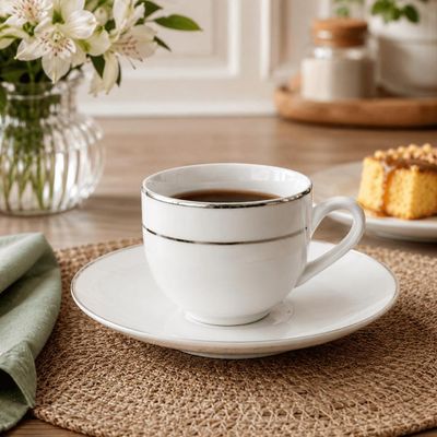 Conjunto 6 Xícaras e Pires 90ml Café Porcelana Majesty Silver Branco Prateado Mesa Posta Servir