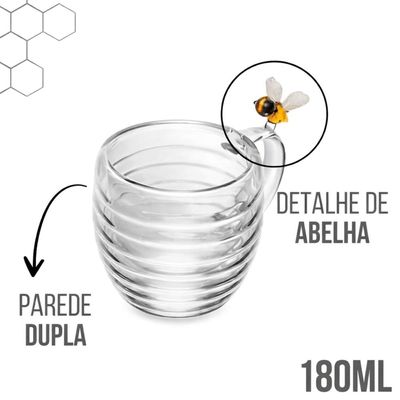 Conjunto 6 Xícaras 180ml Vidro Borossilicato Chá Café Expresso Parede Dupla Abelinhas Lyor