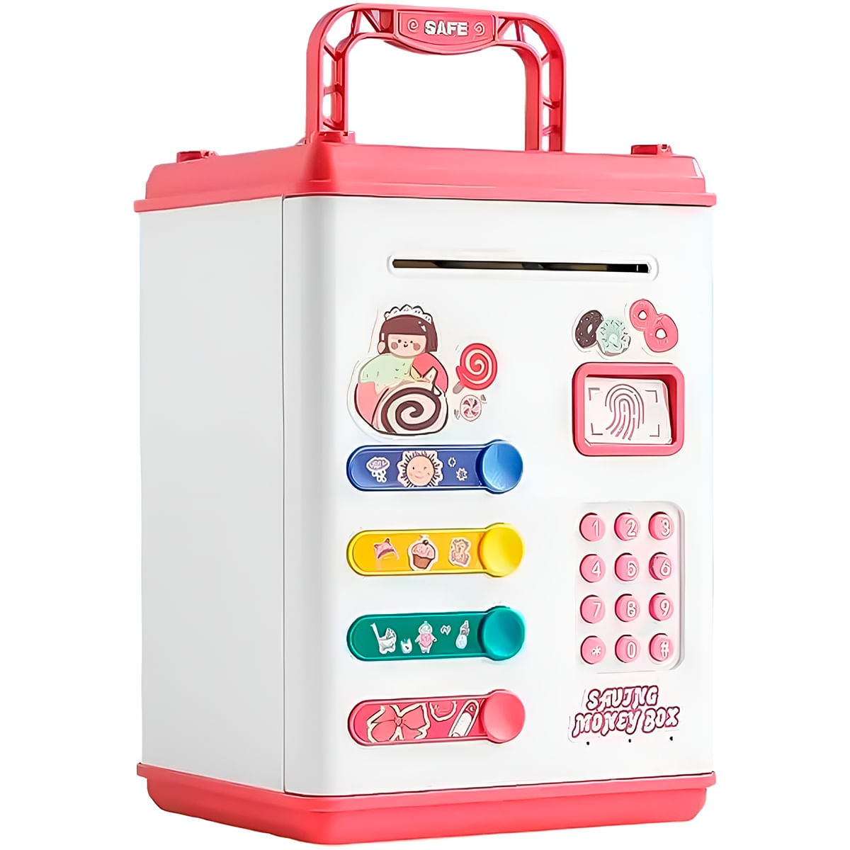 Mini Cofre Infantil Eletrônico Senha Notas Moedas Modelo:Branco com Rosa