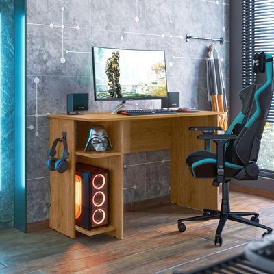 Mesa para Computador Retangular Casa da Riviera Gamer 2 Prateleiras Moderno MDP 114CM Marrom