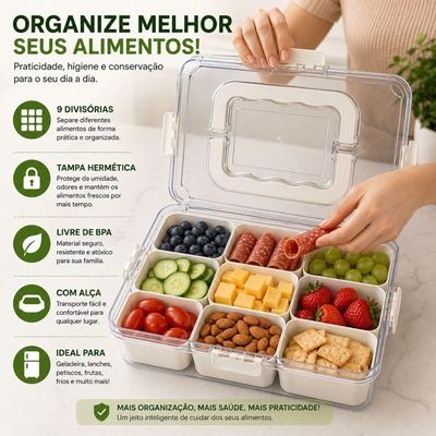Organizador Maleta Multiuso 9 Divisórias Móveis em PP e PET com Tampa Hermetica para Geladeira
