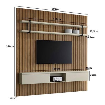 Painel para TV com Nicho e Prateleira Bend Smart MDF Ripado Louro e Luna com Preto Casa Lar Shop