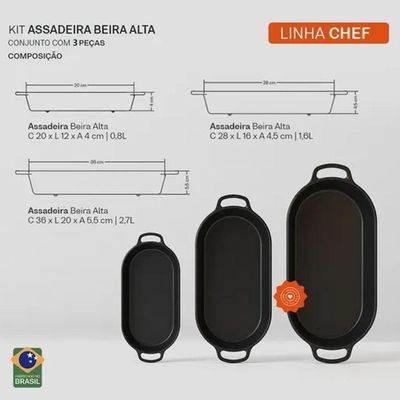Conjunto 3 Assadeira Beira Alta Ferro Fundido Puro para Forno Fogão Retenção de Calor 1,6L Panela