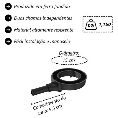 Queimador Dupla Chama N2 15cm Ferro Fundido Fogão Industrial Preto Libaneza