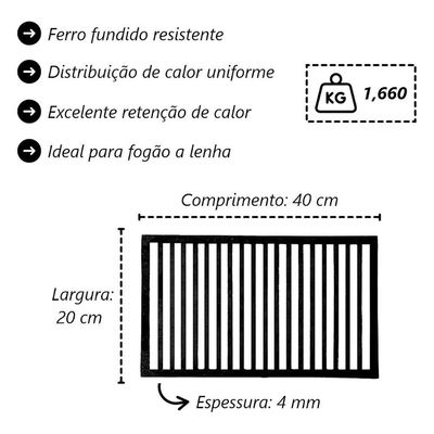 Grelha 186FA Ferro Fundido para Fogão a Lenha e Campeiro 20x40CM Preta