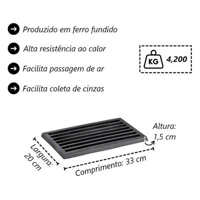 Grelha para Cinzeiro Ferro Fundido 20x33CM Fogão à Lenha Libaneza