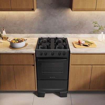 Fogão a Gás 4 Bocas Atlas Mônaco Lustro Esmaltada Automático Preto Bivolt