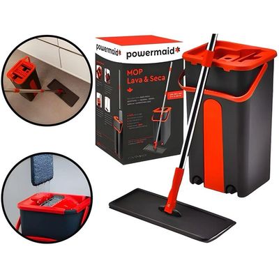 Mop Lava e Seca com Balde e Prensa Base Flexivel 360 Cabo Inox para Pisos Vermelho Powermaid