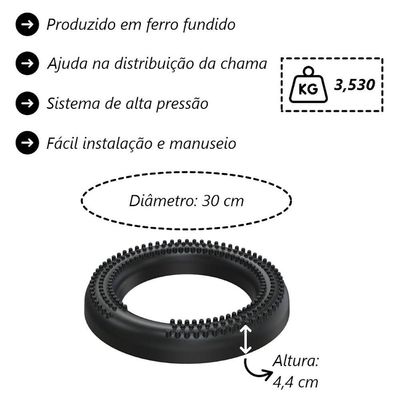 Queimador Alta Pressão Coroa Furada 30cm para Fogão Industrial Rosca 1" Ferro Fundido Libaneza