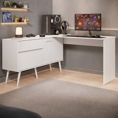Mesa Gamer Em L Para Computador 2 Portas 1 Gaveta Arena Multimóveis Mp6050 Branco