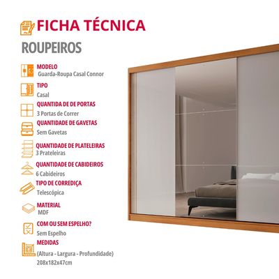Guarda Roupa Casal Connor MDF 3 Portas e 6 Cabideiros com Espelho Moderna Mobília Naturalle/Off