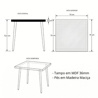 Mesa Safira Quadrada 70 cm com Tampo em MDF Preto e Pés de Madeira Natural