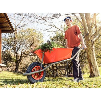 Carrinho De Mão Tramontina Com Caçamba Funda Plástica Laranja 55 L, Braço Metálico E Pneu Maciço
