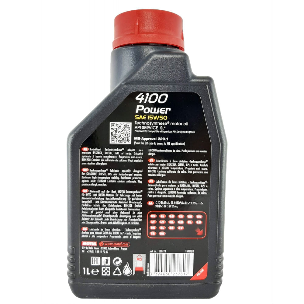 Óleo Lubrificante do Motor Motul 4100 Power SL 15W50 Semissintético ACEA A3/B4 1L