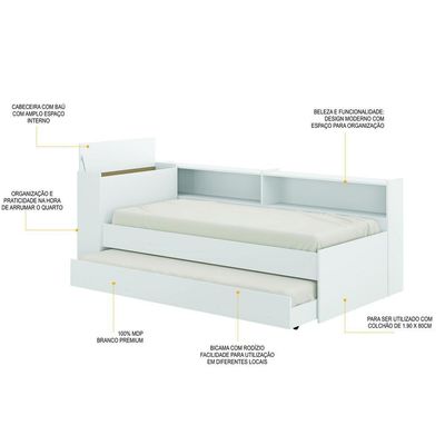Bicama com Prateleira e Baú para Colchão 190cmx80cm Branca