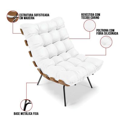 Kit 01 Poltrona E 01 Puff Costela Corino Branco