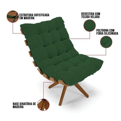 Poltrona Giratória Veludo Verde Base Madeira Ma25 - D'rossi