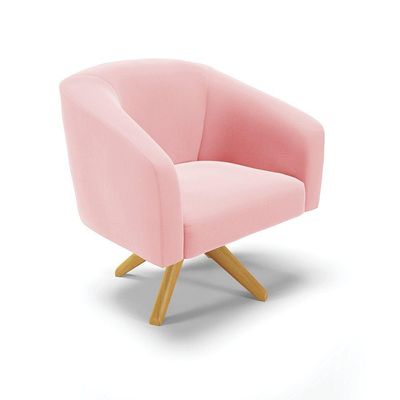 Poltrona Giratória Stella Suede Base Madeira Ma30 Rosa Bebê