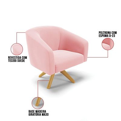 Poltrona Giratória Stella Suede Base Madeira Ma30 Rosa Bebê