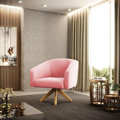Poltrona Giratória Stella Suede Base Madeira Ma30 Rosa Bebê
