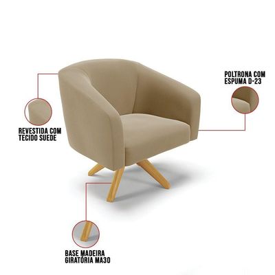 Poltrona Giratória Stella Suede Marrom Rato