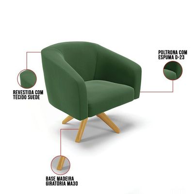 Poltrona Giratória Stella Suede Base Madeira Ma30 Verde