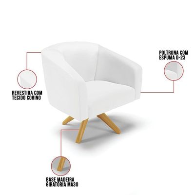 Poltrona Giratória Stella Corino Base Madeira Ma30 Branco