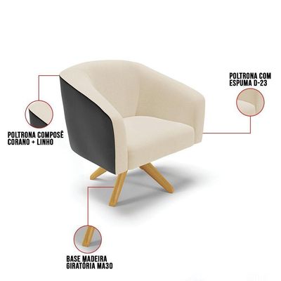 Poltrona Giratória Stella Corano Preto Com Linho Bege A19