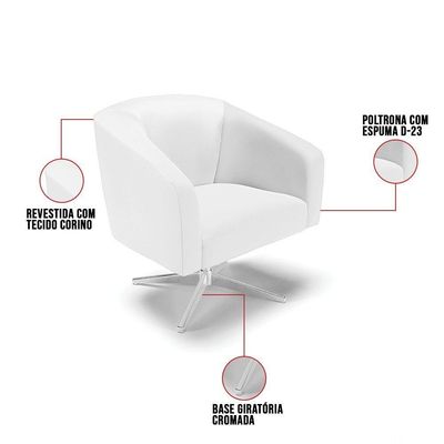 Poltrona Giratória Stella Corino Base Cromada Branco