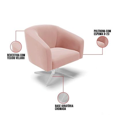 Poltrona Giratória Stella Veludo Base Cromada Rose