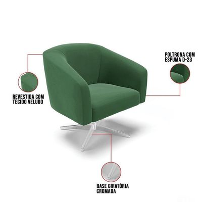 Poltrona Giratória Stella Veludo Base Cromada Verde