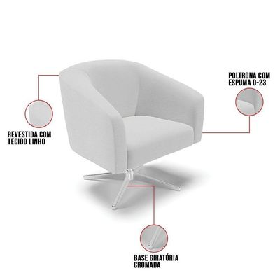 Poltrona Giratória Stella Linho Base Cromada A05 Cinza