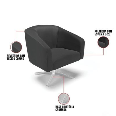 Poltrona Giratória Stella Corino Preto Base Cromada