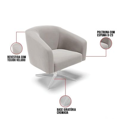 Poltrona Giratória Stella Veludo Cinza Base Cromada