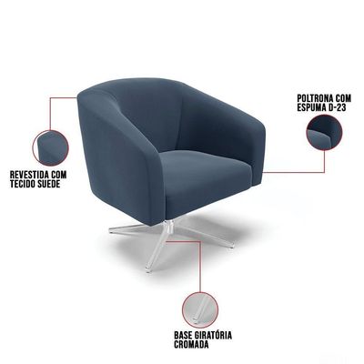 Poltrona Giratória Stella Suede Base Cromada Azul Marinho
