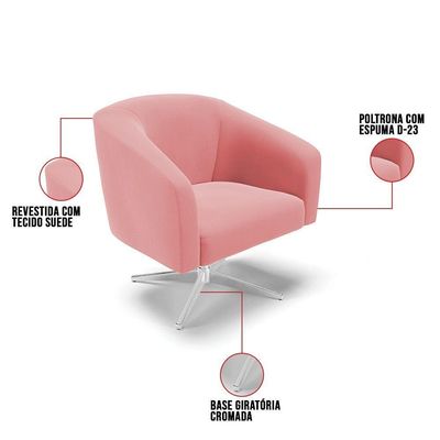 Poltrona Giratória Stella Suede Rosê Base Cromada - D'rossi