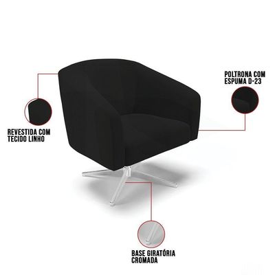 Poltrona Giratória Stella Linho Base Cromada A79 Preto