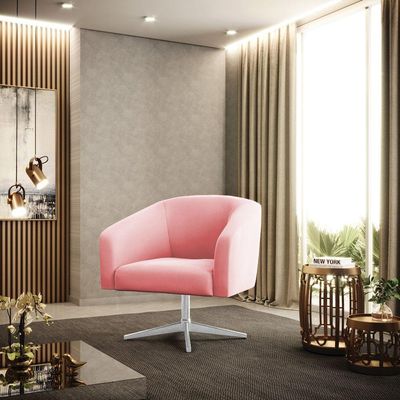 Poltrona Giratória Stella Suede Base Cromada Rosa Bebê
