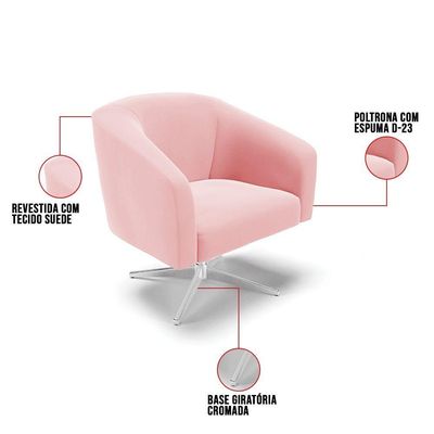 Poltrona Giratória Stella Suede Base Cromada Rosa Bebê