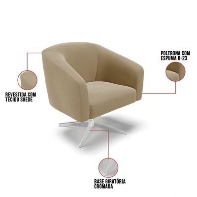 Poltrona Giratória Stella Suede Base Cromada Marrom Rato
