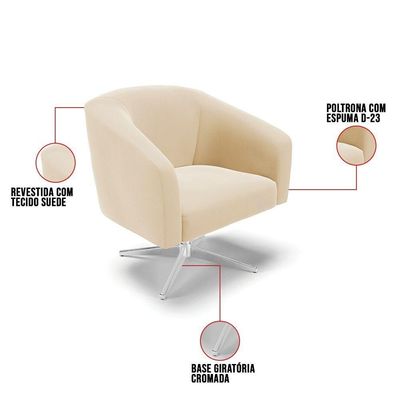 Poltrona Giratória Stella Suede Base Cromada Bege