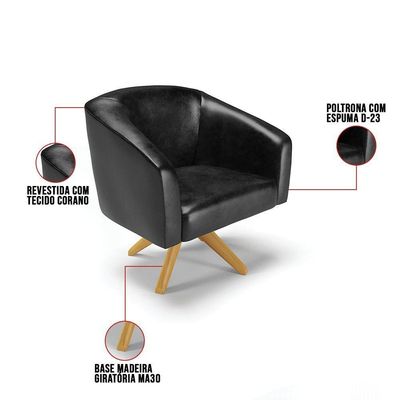 Poltrona Giratória Stella Corano Base Madeira Ma30 Preto