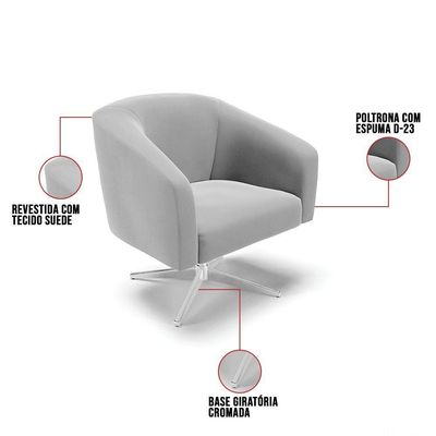 Poltrona Giratória Stella Suede Cinza Base Cromada