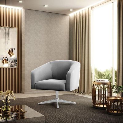 Poltrona Giratória Stella Suede Cinza Base Cromada