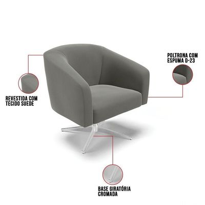 Poltrona Giratória Stella Suede Base Cromada Grafite