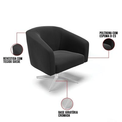 Poltrona Giratória Stella Suede Base Cromada Preto
