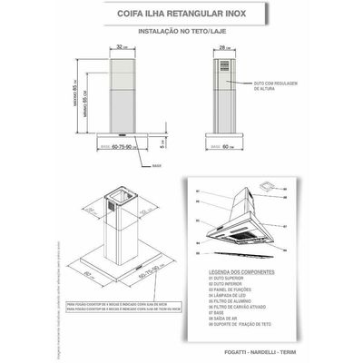 Coifa Ilha 75cm Retangular Fogatti Inox 110v