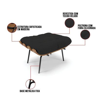 Kit 01 Poltrona E 01 Puff Costela Veludo Preto
